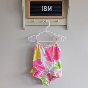 Vintage Lilly Pulitzer Pink and Yellow Floral Kids Swimsuit
